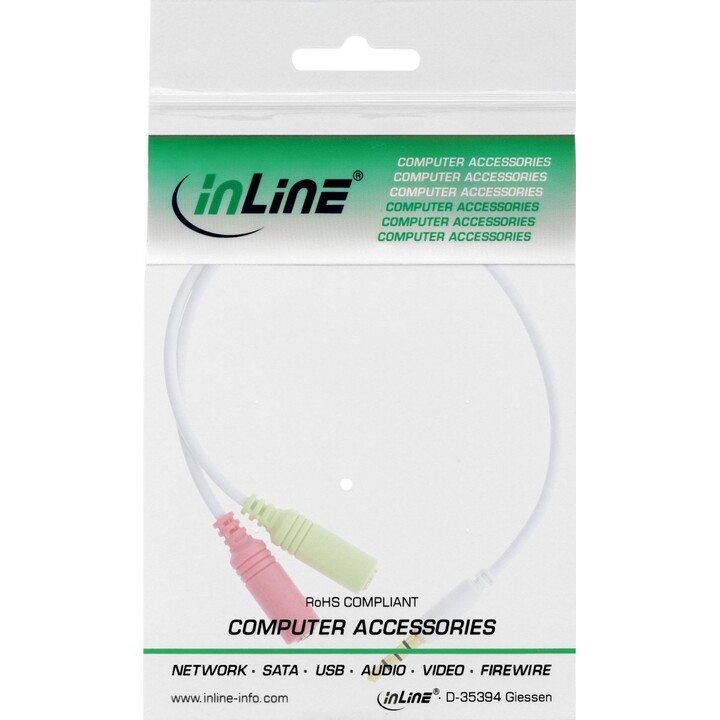 Cavo adattatore per cuffie INLINE Audio: connettore jack da 3,5 mm a 4 poli a 2 prese jack da 3,5 mm, bianco, 0,15 m