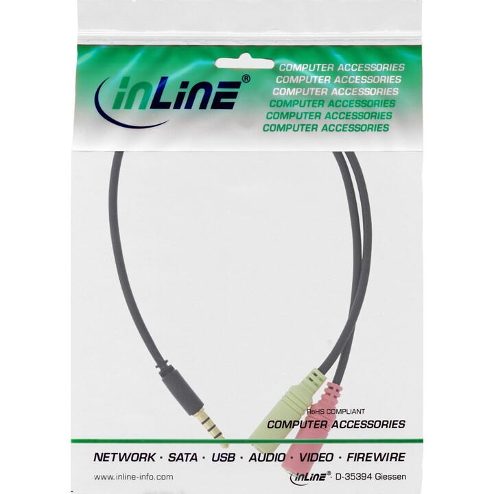 Cable adaptador para auriculares INLINE: conector jack de 3,5 mm de 4 polos a 2 conectores jack hembra de 3,5 mm, 0,15 m