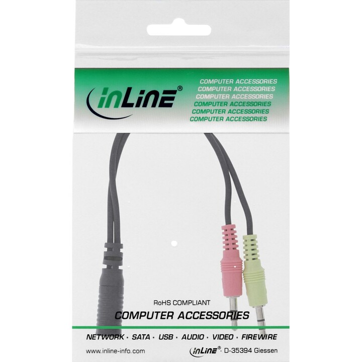 Cable adaptador para auriculares INLINE, 2 conectores macho de 3,5 mm a conector hembra de 3,5 mm de 4 polos (CTIA), 0,15 m