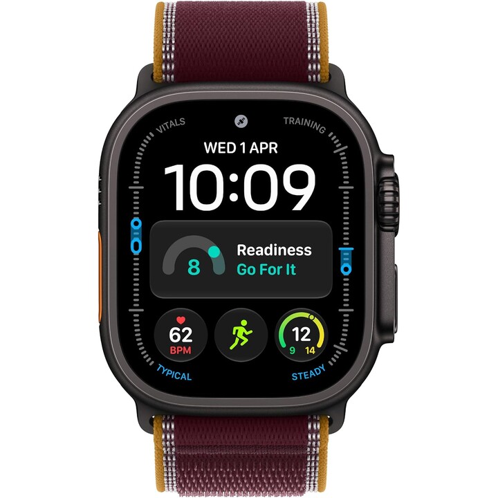 Apple Watch Ultra 4 com GPS e rede móvel, 49 mm, caixa em titânio preta, bracelete Trail Loop cor de vinho, tamanho M/L