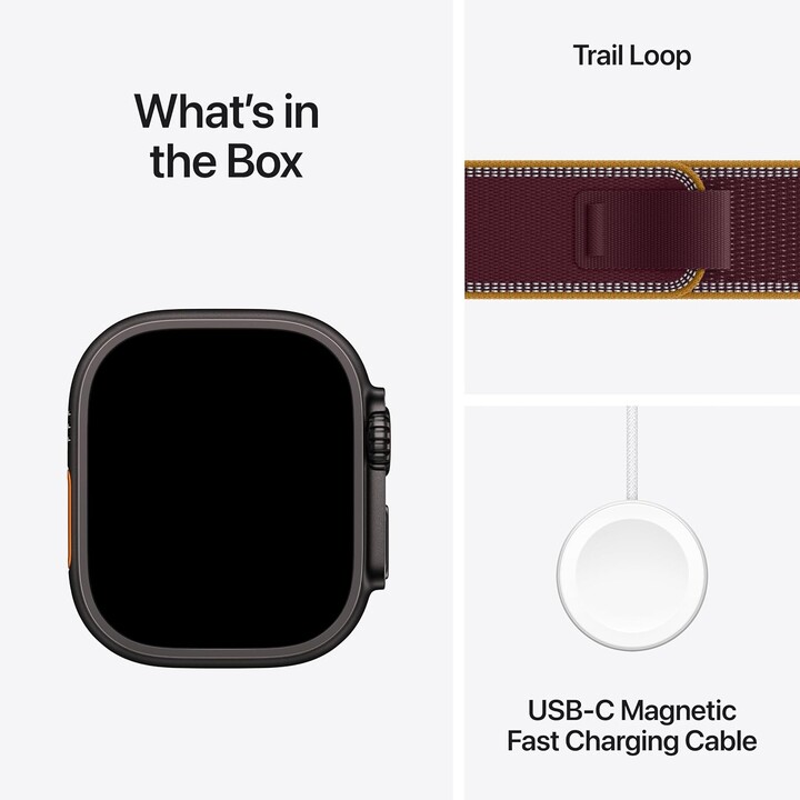 Apple Watch Ultra 4 GPS Cellular 49 mm, schwarzes Titangehäuse, Trail Loop in Burgunderrot, Größe M/L