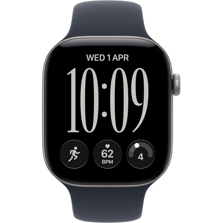 Apple Watch Série 12 com GPS, 46 mm, caixa em alumínio cinzento espacial com bracelete desportiva azul-marinho, tamanho M/L