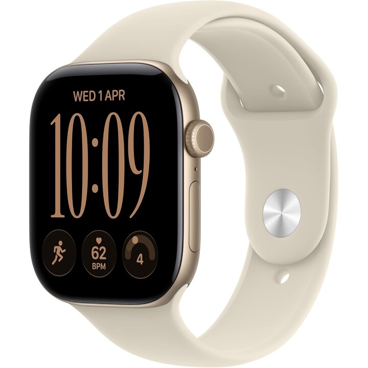 Apple Watch Série 12 GPS 46 mm, boîtier en aluminium couleur or clair, bracelet Sport couleur sable, taille S/M
