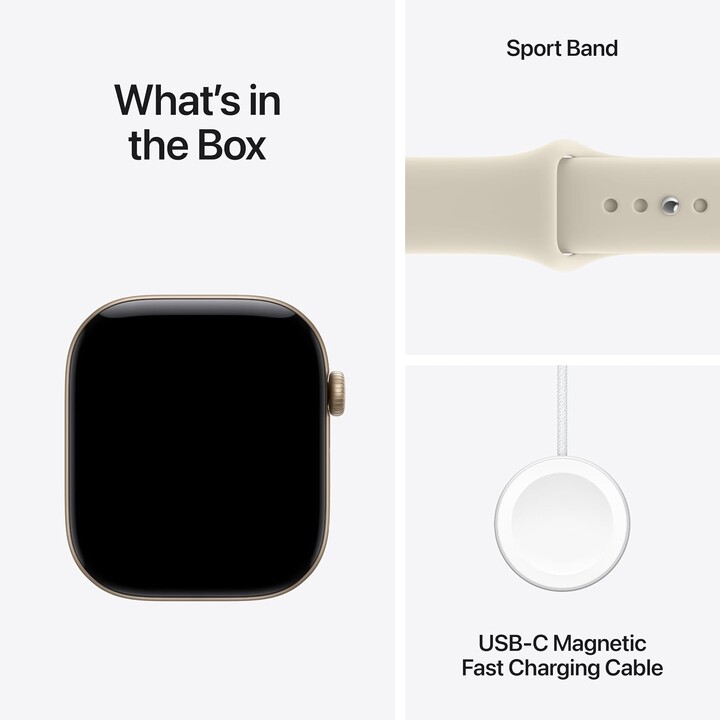 Apple Watch Série 12 com GPS, 46 mm, caixa em alumínio dourado claro, bracelete desportiva na cor areia, tamanho S/M