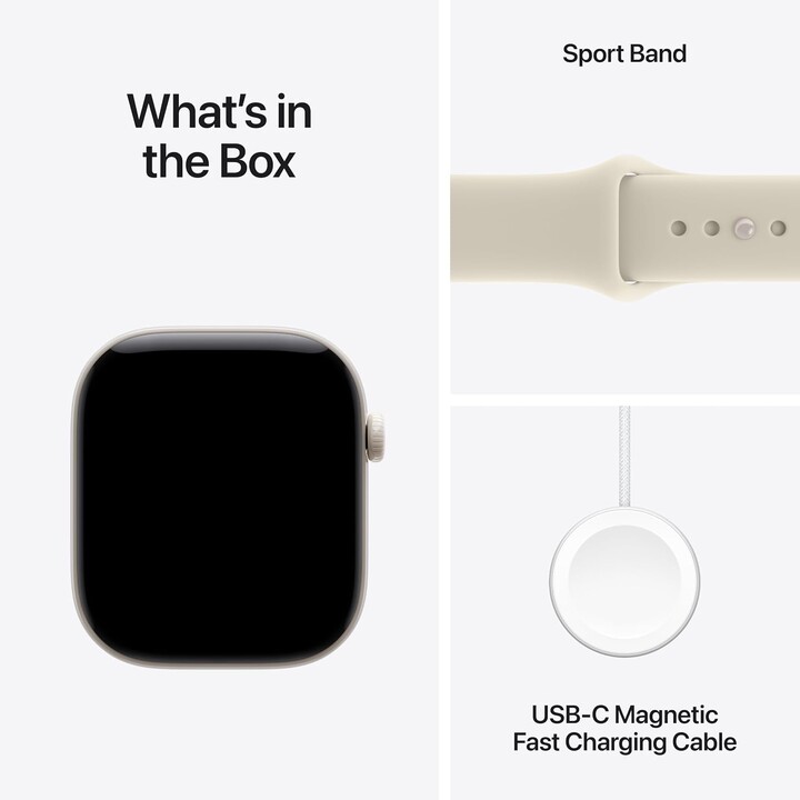 Apple Watch Série 12 com GPS e rede móvel, 46 mm, caixa em cerâmica na cor pérola, bracelete desportiva branca, cor areia, taman