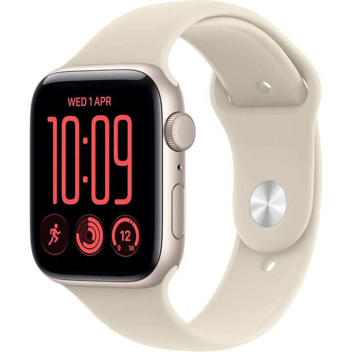 Apple Watch SE3 2026 GPS 44 mm Aluminiumgehäuse in „Starlight“ mit Sportarmband in Sand, Größe M/L