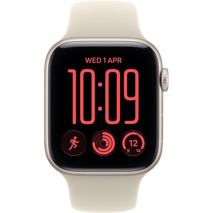 Apple Watch SE3 2026 GPS 44 mm Aluminiumgehäuse in „Starlight“ mit Sportarmband in Sand, Größe M/L