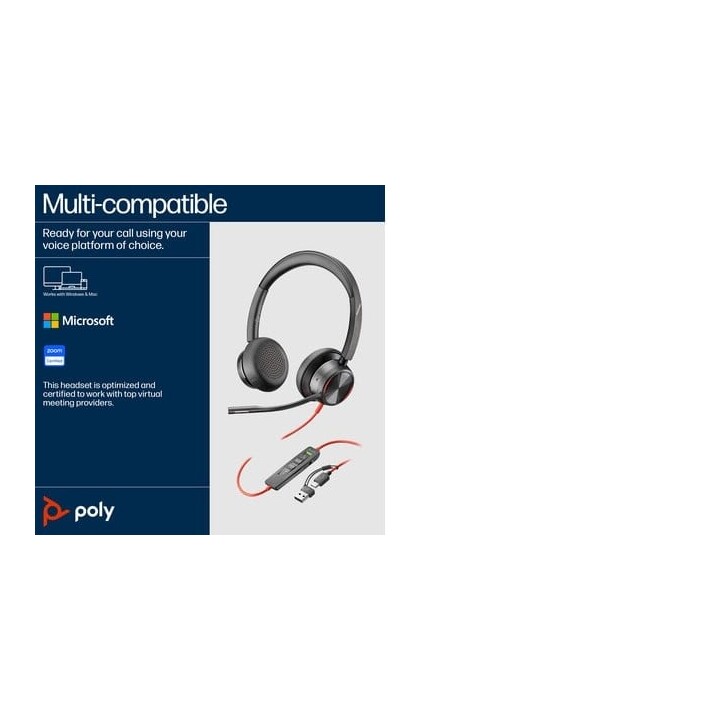 POLY Blackwire 8225 Stereo USB-C Headset + USB-C/A Adapter, kabelgebunden, Kopfbügel, Büro/Callcenter, USB Typ C, Schwarz