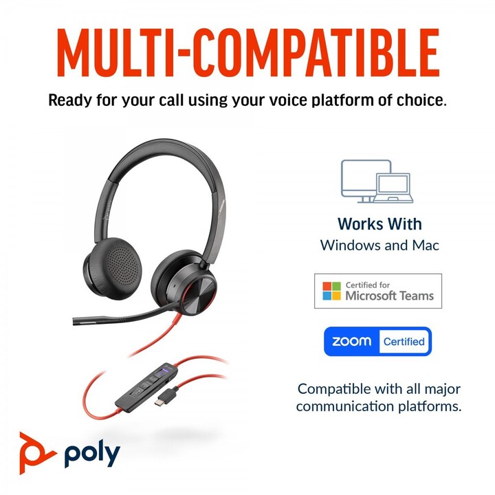 POLY Blackwire 8225 Stereo USB-C Headset +USB-C/A Adapter Alámbrico Diadema Oficina/Centro de llamadas USB Tipo C Negro