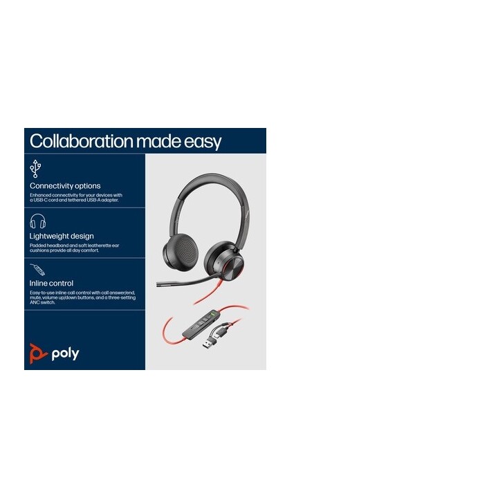 POLY Blackwire 8225 Stereo USB-C Headset + USB-C/A Adapter Wired Headband Office/Call Center USB Type C Black