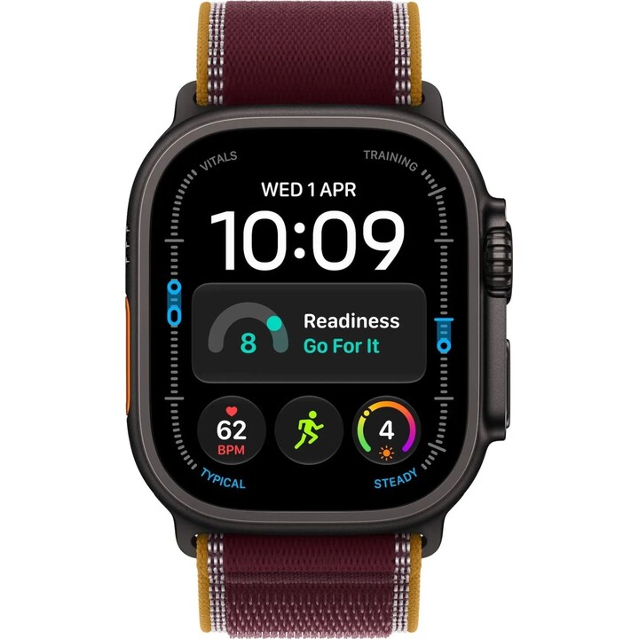 Apple Watch Ultra 4 GPS Cellular 49 mm, cassa in titanio nero, cinturino Trail Loop bordeaux, taglia S/M