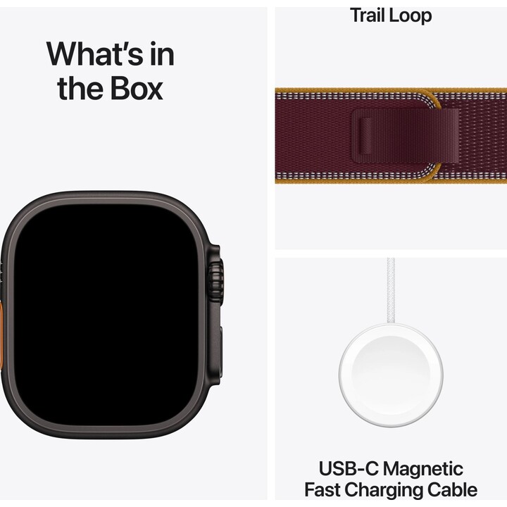 Apple Watch Ultra 4 com GPS e rede móvel, 49 mm, caixa em titânio preto, bracelete Trail Loop cor de vinho, tamanho S/M
