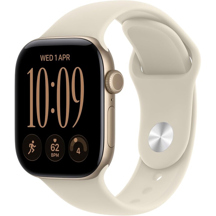 Apple Watch Série 12 com GPS e rede móvel, 42 mm, caixa em alumínio dourado claro, bracelete desportiva cor de areia, tamanho S/
