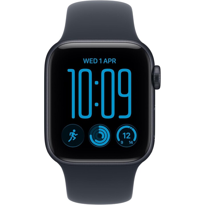 Apple Watch SE3 2026 com GPS e rede móvel, 44 mm, caixa em alumínio na cor Midnight, bracelete desportiva azul-marinho, tamanho 