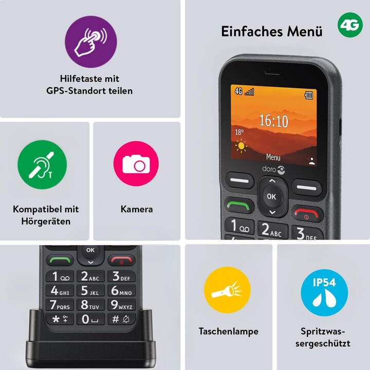 Doro Leva L10, Powerful Sound, Camera, Emergency Button with GPS, Including Charging Station, Black