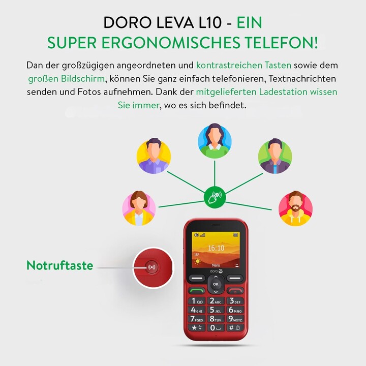 Doro leva L10, son puissant, caméra, bouton d'urgence avec GPS, y compris la station de charge, noir