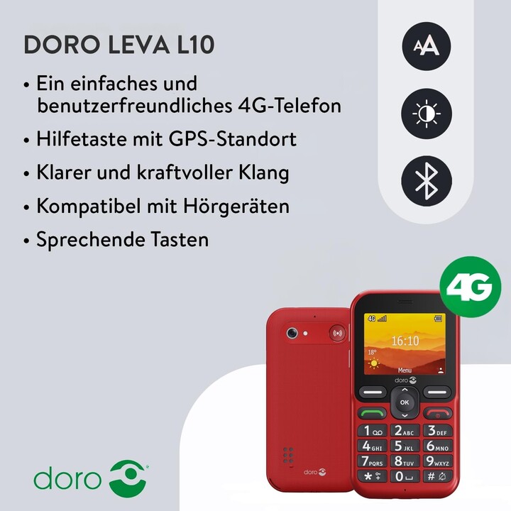 Doro Leva L10, som poderoso, câmera, botão de emergência com GPS, incluindo estação de carregamento, vermelho