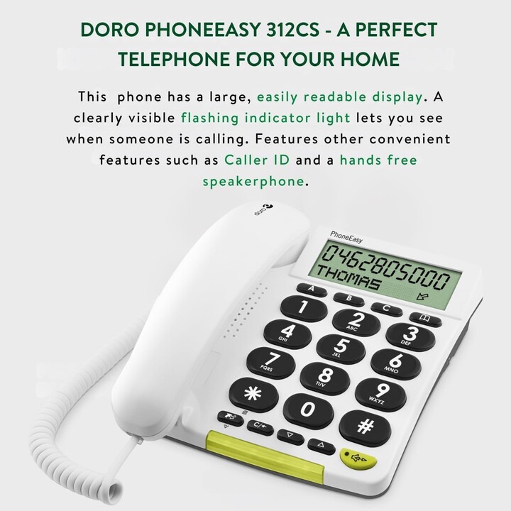 Doro PhoneEasy 312CS, Caller ID, Speakerphone, 30 entries, Black