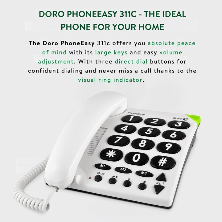 Doro PhoneEasy 311c, Big Button, ideal para ancianos, 3 recuerdos de un touch, indicador de anillo visual, blanco