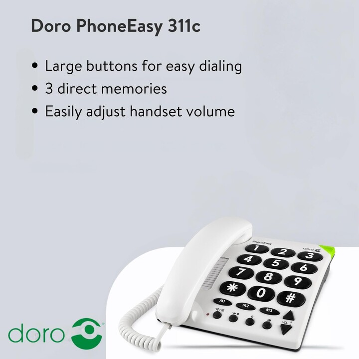 Doro Telefonasy 311c, Big Button, ideal für ältere Menschen, 3 One-Touch-Erinnerungen, visueller Ringindikator, weiß