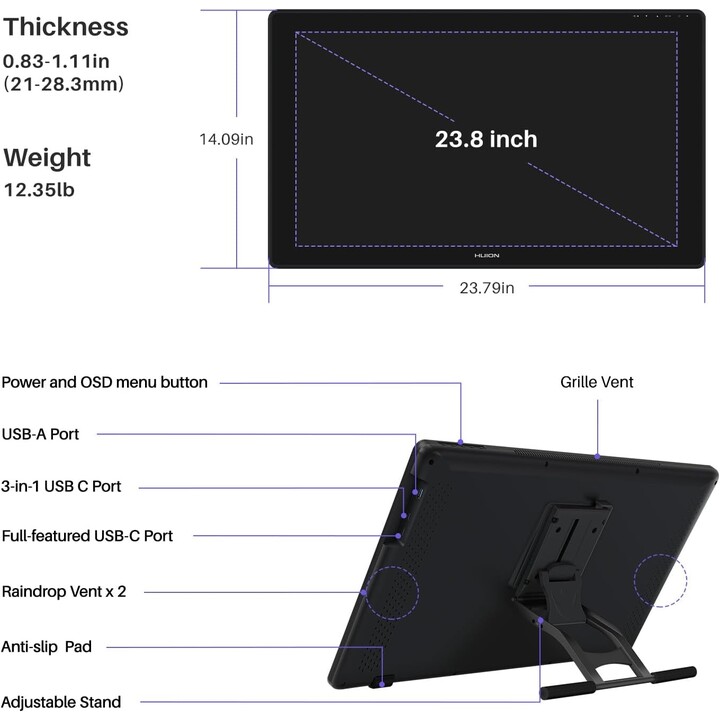 Mesa digitalizadora HUION Kamvas 24 Plus 5080 linhas por polegada 526,85 x 296,35 mm USB-C Preto