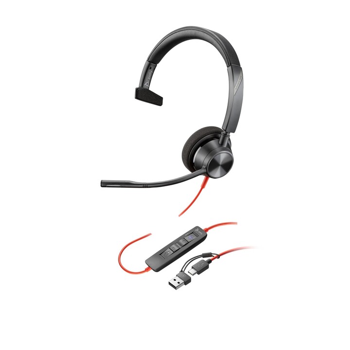 Casque mono Blackwire 3310 certifié Microsoft Teams, avec câble USB-C et adaptateur USB-C vers A