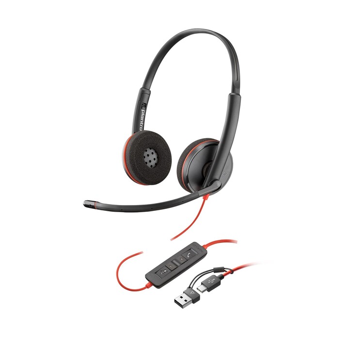 Poly Blackwire 3220 Stereo-Kopfhörer mit USB-C-Anschluss – schwarz + USB-C-zu-A-Adapter (Bulk)