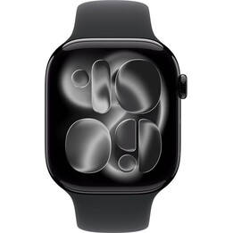 Smartwatch Apple Watch S11 mit GPS und Mobilfunk, 46 mm, Gehäuse aus Aluminium in Jet Black, schwarzes Sportarmband – M – L
