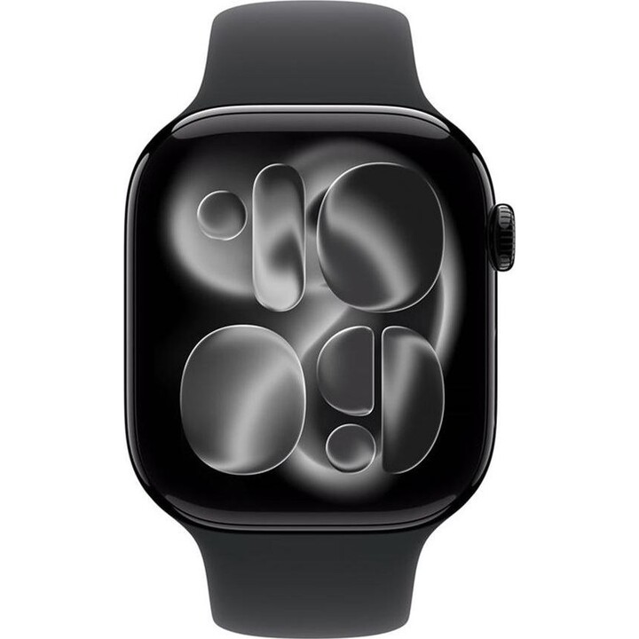 Smartwatch Apple Watch S11 mit GPS und Mobilfunk, 46 mm, Gehäuse aus Aluminium in Jet Black, schwarzes Sportarmband – M – L