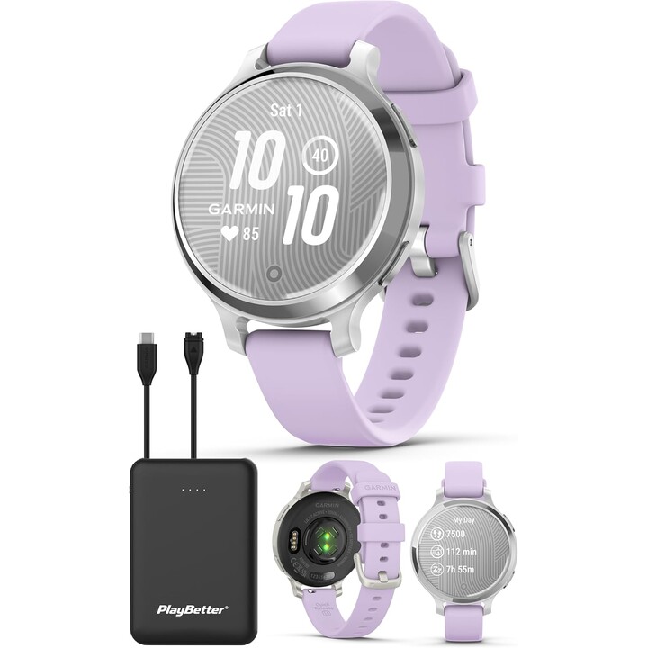 PlayBetter Garmin Lily 2 Active, Fitness Smartwatch Bundle for Women, Bright Touchscreen, Built-in GPS, Silver, Purple