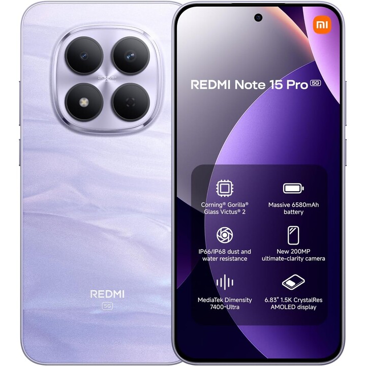 Smartphone Xiaomi Redmi Note 15 Pro 5G, 8 Go 256 Go, 6,83 AMOLED, 6580 mAh, Lilas