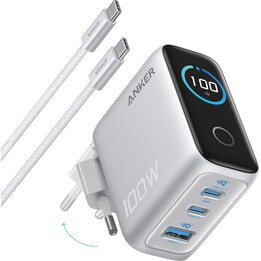 Chargeur ANKER 100 W avec écran, 2 ports USB-C et 1 port USB-A, couleur argent