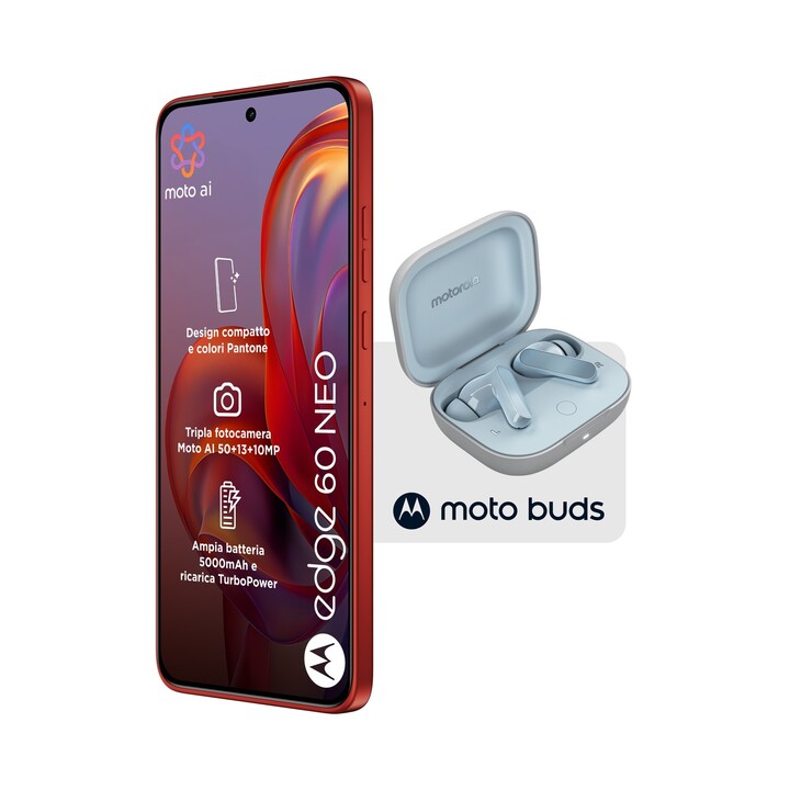 MOTOROLA Edge 60 Neo smartphone – 5G · NFC · Dimensity 7400 · 6.36-inch P-OLED · 8GB · 256GB · Android 15 · Moto Buds earphones 