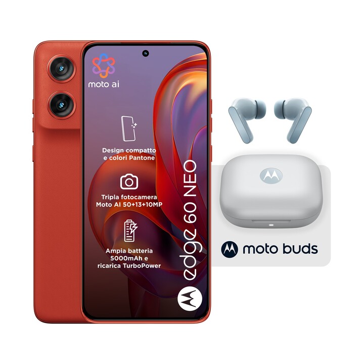 MOTOROLA Edge 60 Neo smartphone – 5G · NFC · Dimensity 7400 · 6.36-inch P-OLED · 8GB · 256GB · Android 15 · Moto Buds earphones 