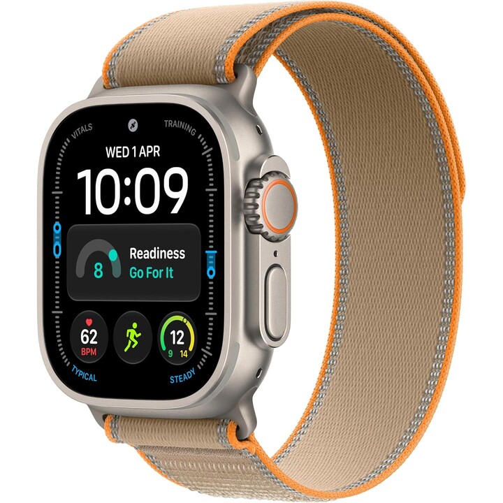 Apple Watch Ultra 4 GPS Cellular 49 mm, boîtier en titane naturel, bracelet Trail Loop couleur sable, taille M/L