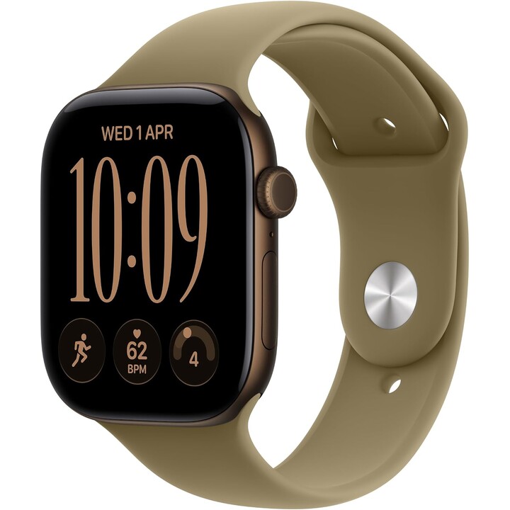Apple Watch Series 12 GPS 46 mm, Aluminiumgehäuse in Dunkelbronze, Sportarmband in Olivgrün, Größe M/L
